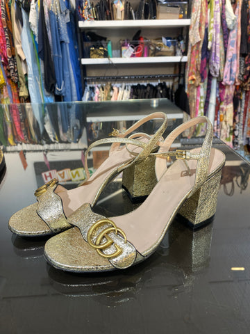 Gucci Foil Marmont Metallic Gold Block Heel Sandal