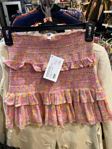 Love Shack Fancy Pink Floral Smocked Mini Skirt