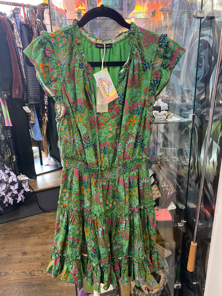 ROBERTSON +RODEO Green Floral Ruffle Sleeve Mini Dress