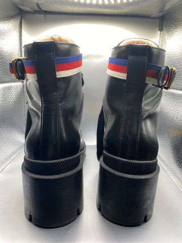 Gucci Black Block Heel 'SYLVIE'  Lace Up Bootie with Grosgrain Trim Buckle