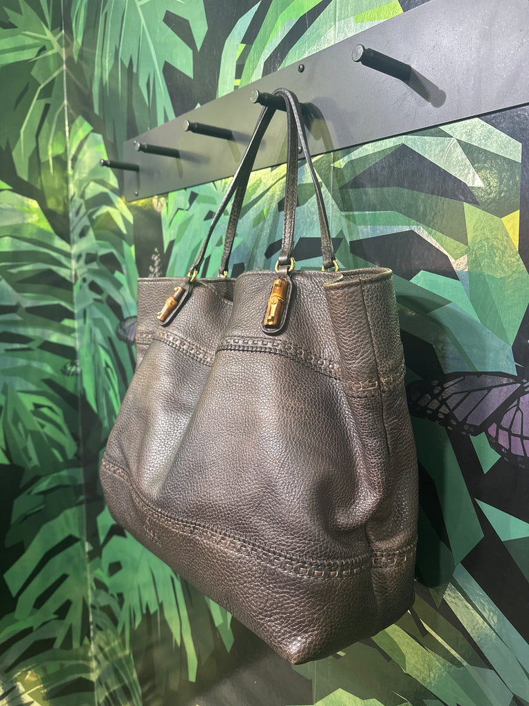Gucci Brown Leather Shoulder Bag with Bamboo Details