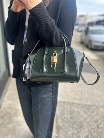 Givenchy Forest Green Antigona Lock Mini Bag with Gold Hardware