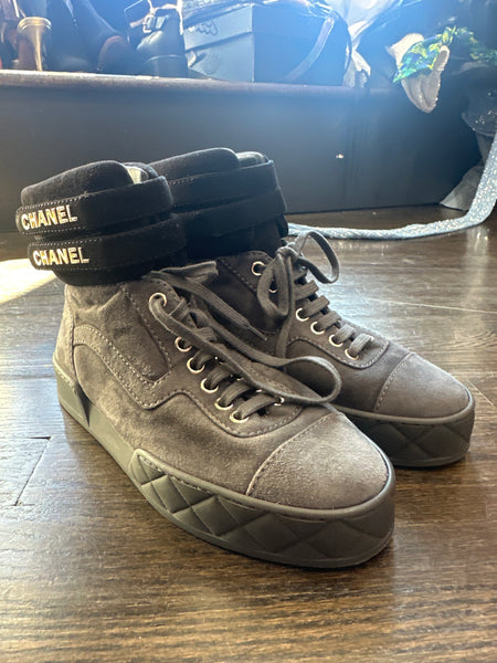 CHANEL Grey Suede and Leather High Top Sneakers