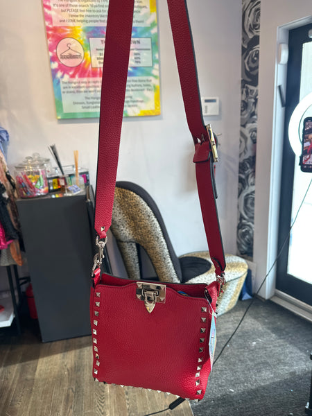 VALENTINO RED Soft Pebbled Leather Mini Hobo Rockstud Crossbody Bag