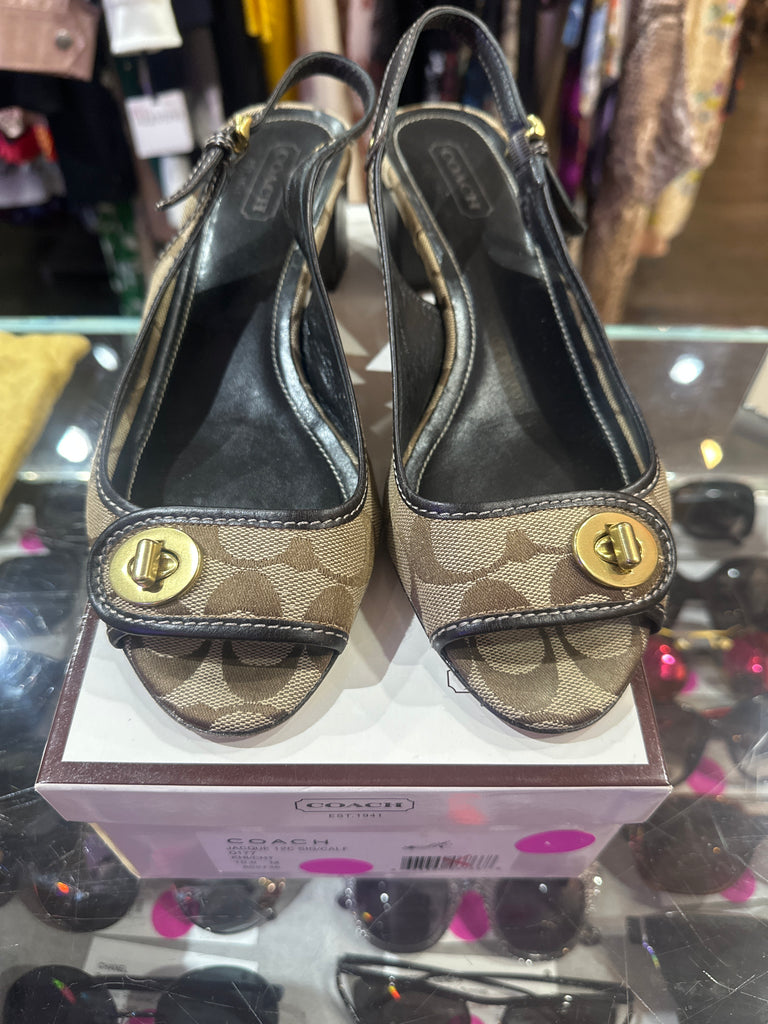 Vintage: COACH Fabric Logo Slingback Block heel Peep Toe