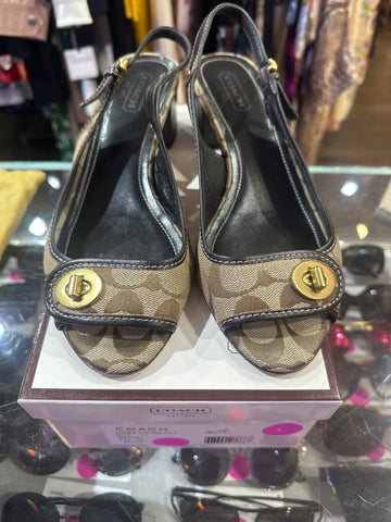 Vintage: COACH Fabric Logo Slingback Block heel Peep Toe