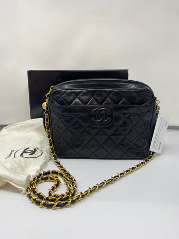 Vintage: Chanel Black Lambskin Quilted Medium Camera Bag with Gold Hardware