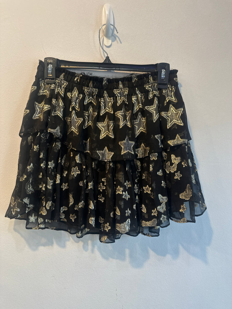 Love Shack Fancy Black Ruffle Minin Tiered Mini Skirt with Metallic Star Print