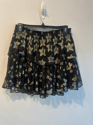 Love Shack Fancy Black Ruffle Minin Tiered Mini Skirt with Metallic Star Print