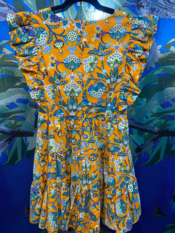 La Double Js Short Sleeve Orange Paiseley Tiered Dress