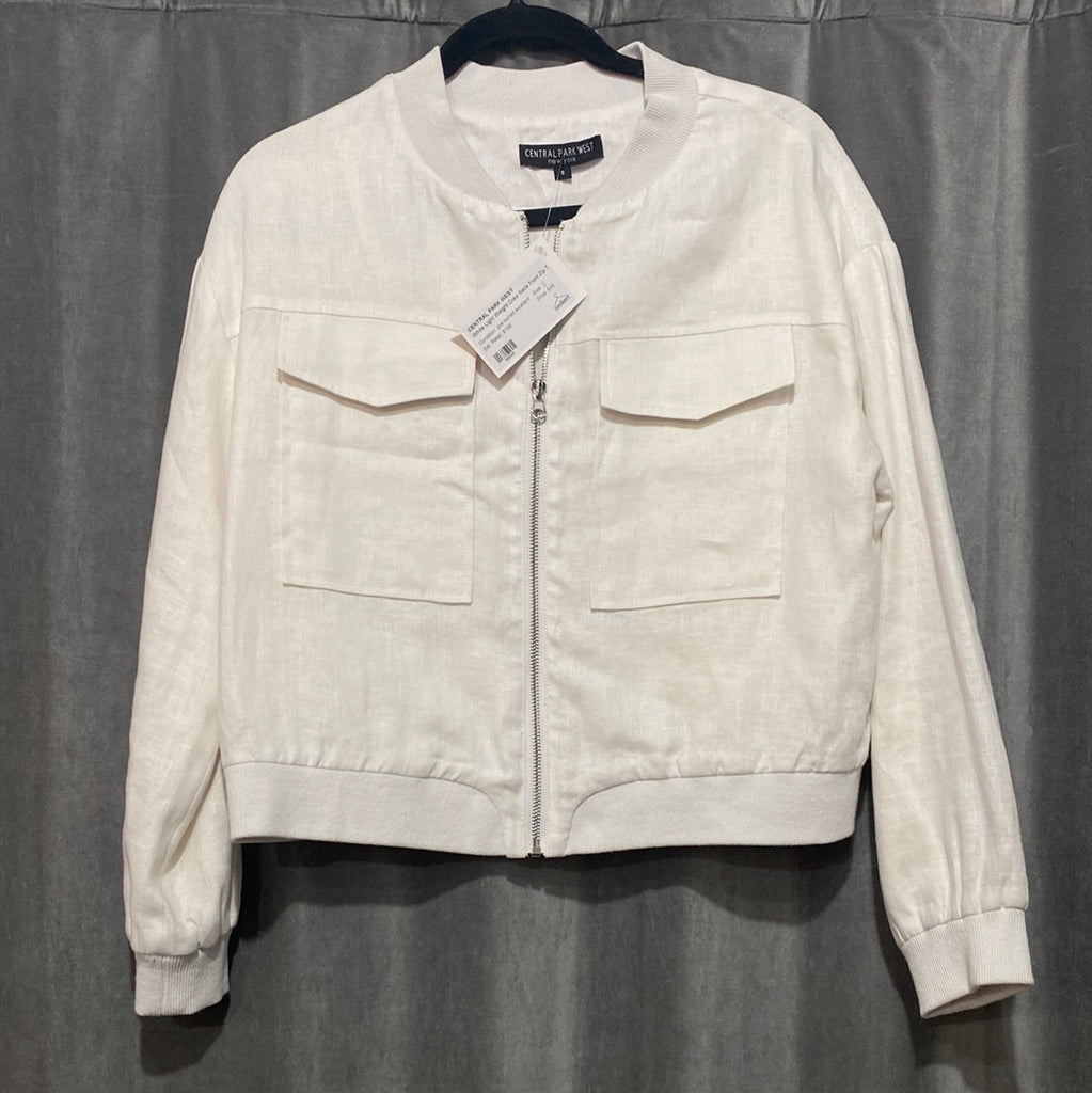 Central Park West White Light Weight Crew Neck Front Zip Two Pocker Bomber Jacket