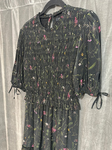 ALL SAINTS Black Floral Smocked Ruffle Bottom Dress