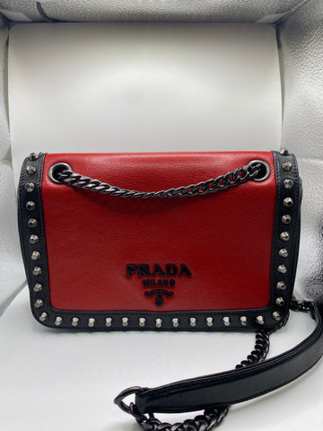 Prada Glace Black and Red Leather Studded Shoulder Bag