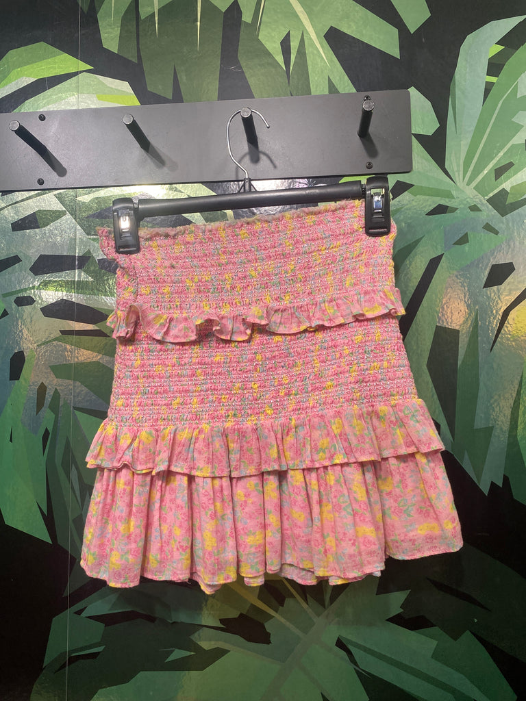 Love Shack Fancy Pink Floral Smocked Mini Skirt
