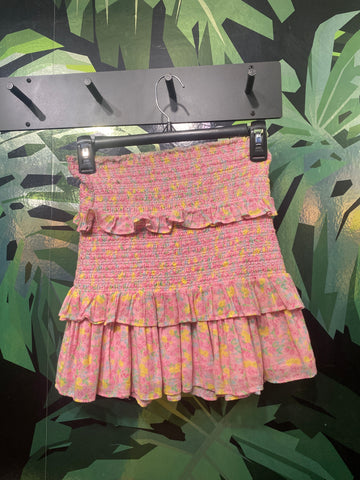 Love Shack Fancy Pink Floral Smocked Mini Skirt
