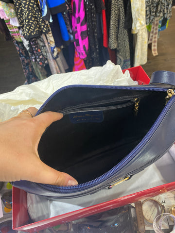 VINTAGE: Ferragamo Navy Leather Shoulder Bag with Gold