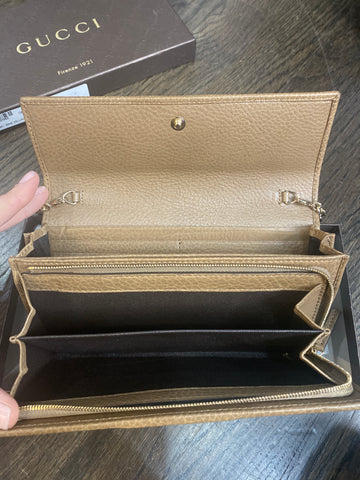 Vintage:Gucci Tan and Brown Suede Horsebit Wallet SOHO CELLARIUS on Chain