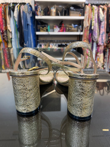 Gucci Foil Marmont Metallic Gold Block Heel Sandal