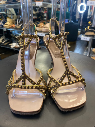 Vintage: Prada Gold Metallic Leather Strappy Flat Sandals with Antique Gold Stud Embellishments and Ankle Strap