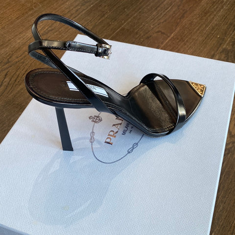 Prada Black Pointed Toe Leather Strap Sandal with Logo Plaque Point