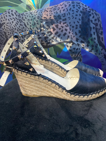 Valentino Black Leather Espadrill Wedge Ankle Strap