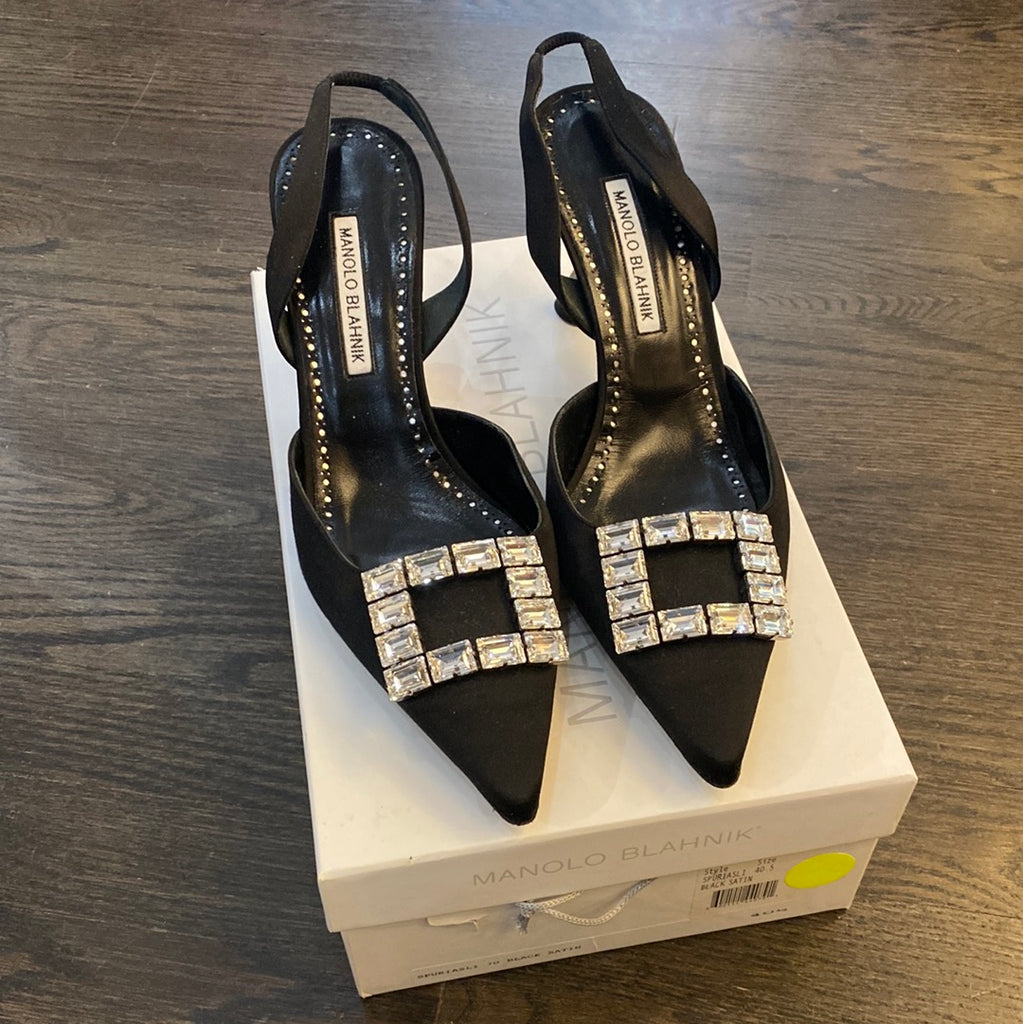 Manolo Blahnik Black Satin Slingback 70 with Silver Crystal Stone