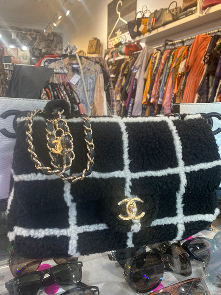 Chanel Black and White Plaid Shearling Flap Bag