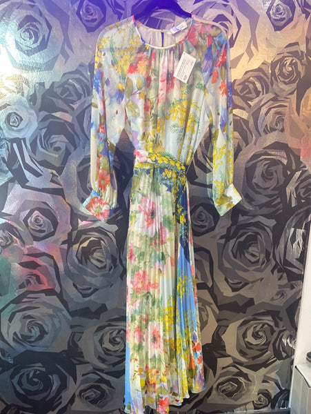 Rickie Freeman for Terri Jon Long Sleeve Floral Pleated Maxi Dress