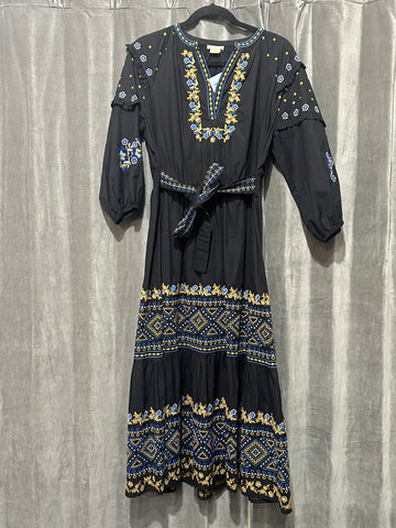 Shoshanna Black Long Sleeve Cotton V Slit Maxi Dress with Blue and Gold Embroidery