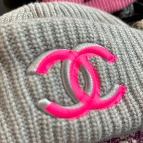 Chanel Grey Knit Beanie with Neon Pink CC