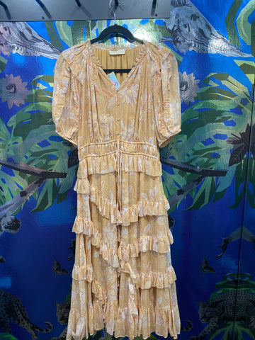 Ulla Johnson Peach Tiered Sparkle Smocked Waist Midi Dress