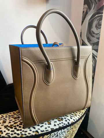 Celine Leather Phantom Luggage Tote in Light Brown with Bright Blue Suede interior