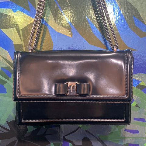 Ferragamo Black Patent Leather 'Ginny' Silver Shoulder Bag