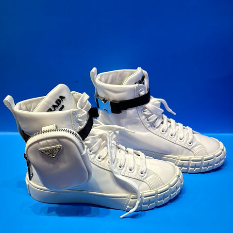 Prada White Nylon Side Pouch High Top Sneaker