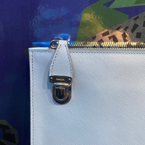 Prada Pale Blue Saffiano Leather Top Zip Pochette