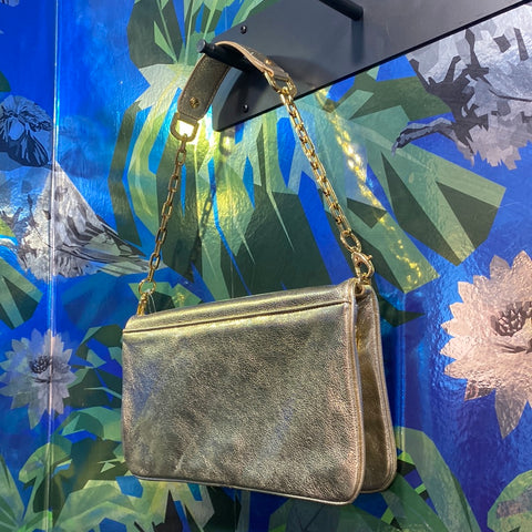 Tory Burch Gold Metallic Double Zip Fold Leather Bag with Gold Removeable Chain and XL Logo