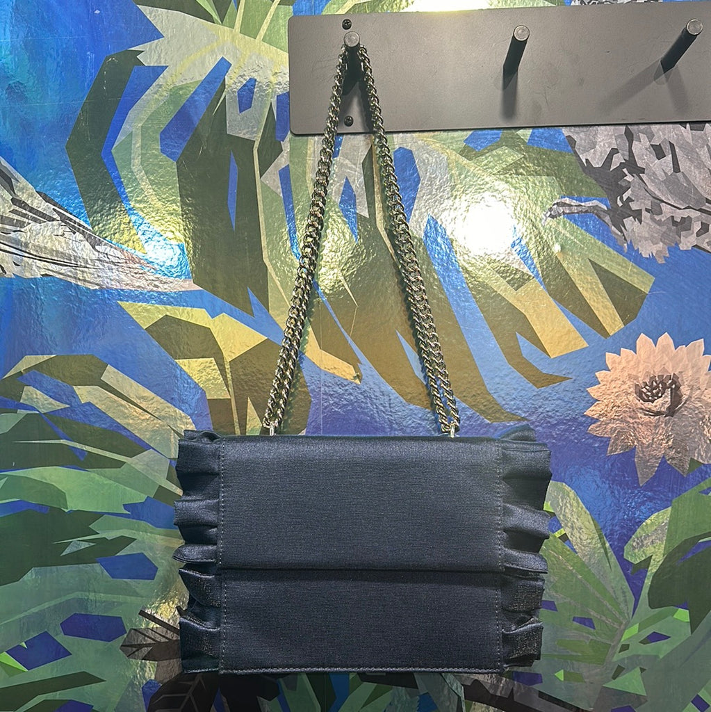 Christian Siriano Navy Raw Silk Large Square Ruffle Trim Purse with Silver Chain