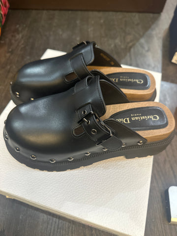 Christian Dior Black Leather and Wooden Clogs