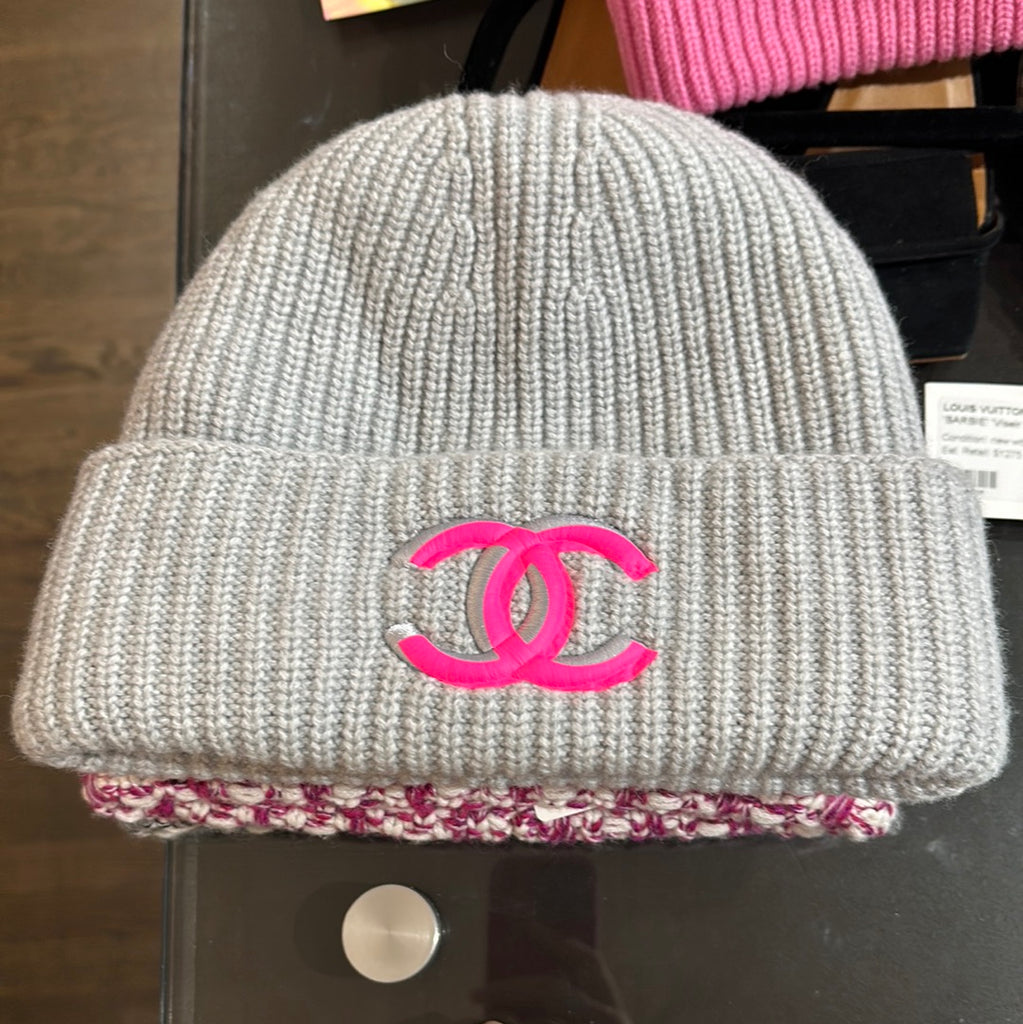 Chanel Grey Knit Beanie with Neon Pink CC