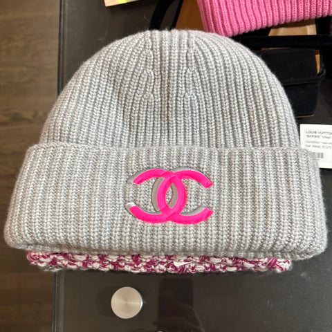 Chanel Grey Knit Beanie with Neon Pink CC