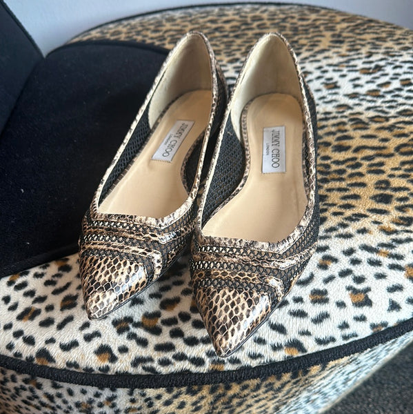 Jimmy Choo Perforated Pointed Toe Snakeskin Flats