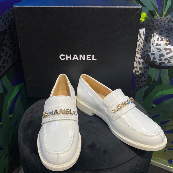 Chanel White Patent Leather Loafer with Gold CHANEL chain