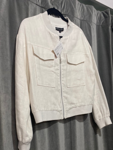 Central Park West White Light Weight Crew Neck Front Zip Two Pocker Bomber Jacket