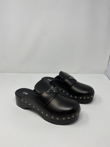 Prada Black Leather Triangle Logo Studded Wooden Bottom Clogs