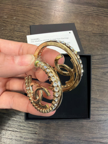 CHANEL CC Medium HOOP Crystal Trim Earrings