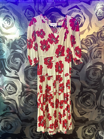 ba&sh Beige Short Sleeve Red Flowers with Layered Dress