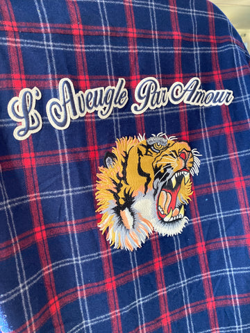 GUCCI Blue and Red Plaid Button Down Skirt with Tiger Patch