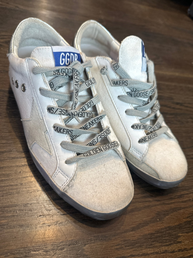 Golden Goose White Canvas with Silver Lining Sneakers
