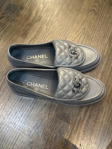 CHANEL Grey Quilted Foldover Loafers