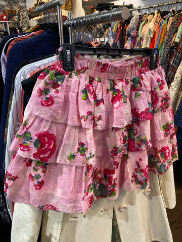 Love Shack Fancy Pink Floral Tiered Mini Skirt
